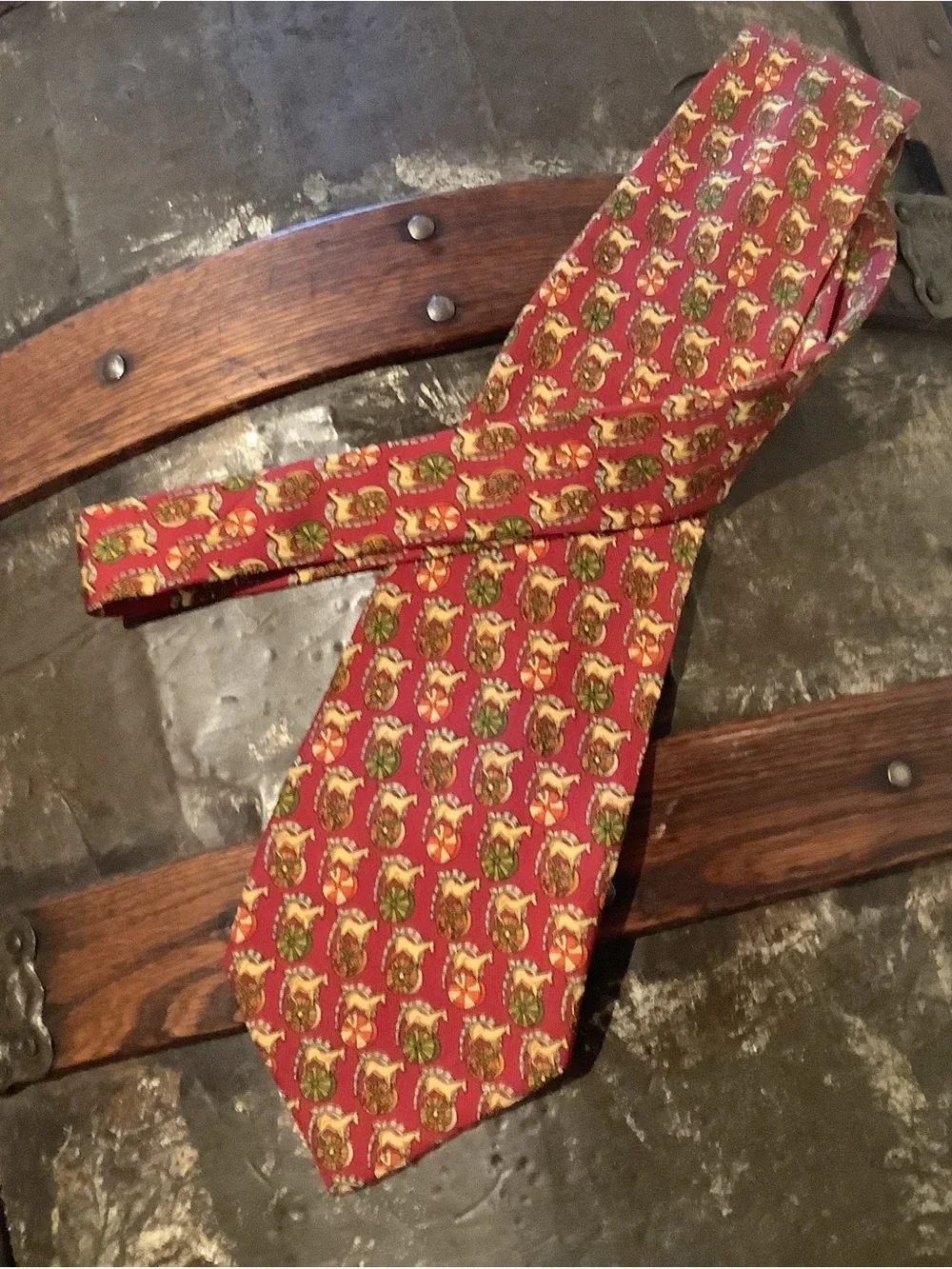 Salvatore Ferragamo Burgundy Italian Silk Tie with Multicolor Horse Motif